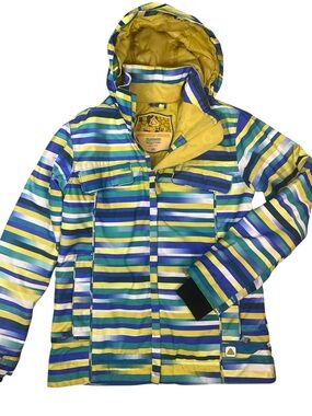Powder Room Ski Snowboard Jacket Coat Womens Small Striped Hooded Blue Yellow